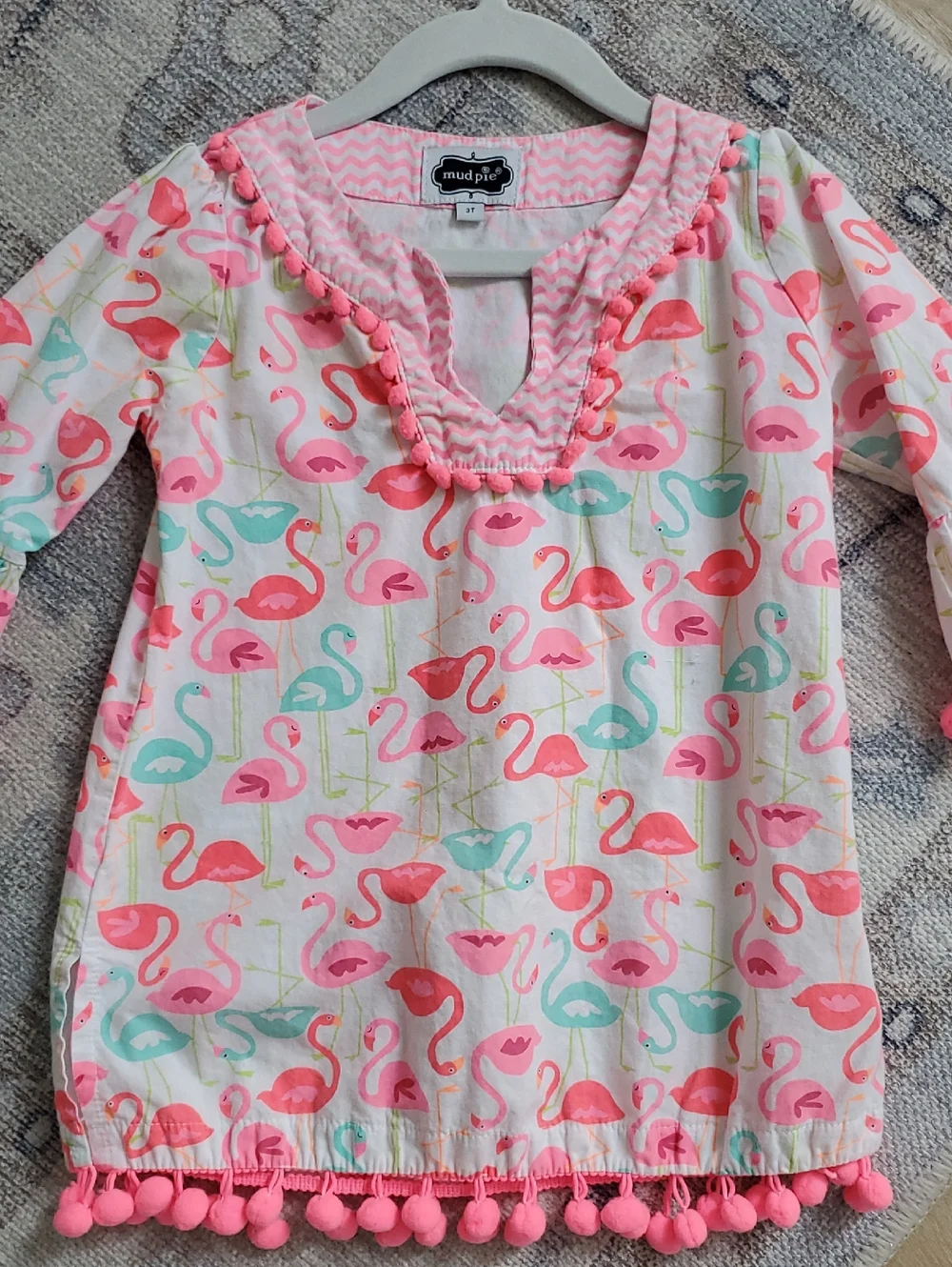 Mud Pie Toddler Girls Flamingo Swim Cover-up Tunic Dress Pom Pom Sz3T